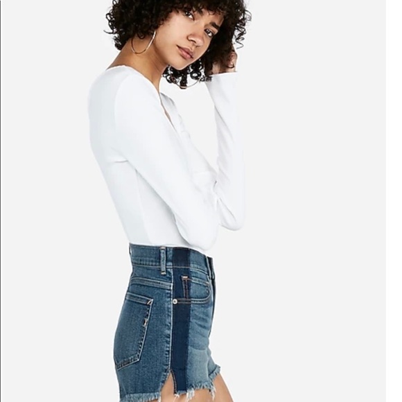 NWT EXPRESS High Waisted Side Stripe Raw Hem Midi Jean Shorts - Picture 4 of 13